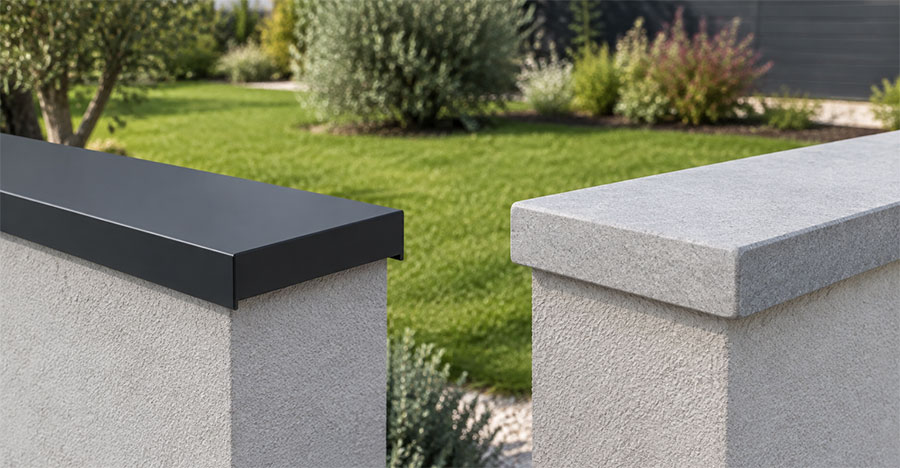 Comparaison couvertine aluminium thermolaquée et couvertine béton sur muret de jardin - finition et esthétique