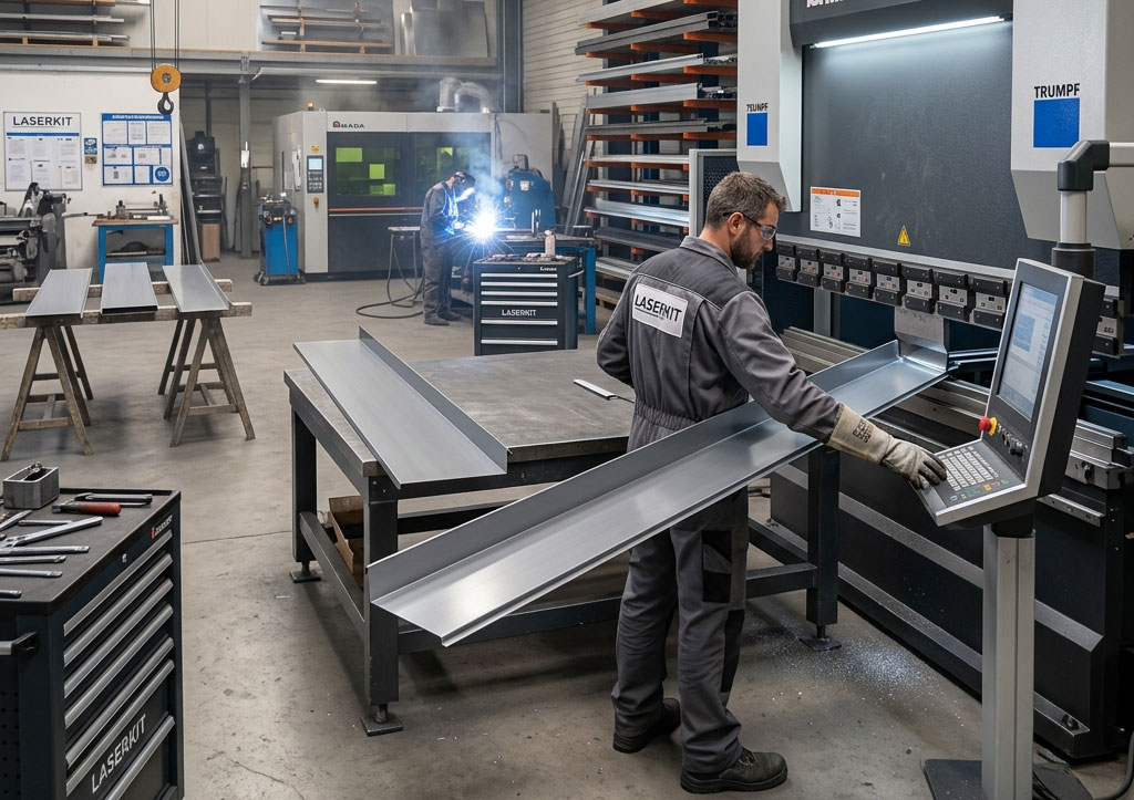 Fabrication d'une couvertine aluminium sur presse plieuse 
         professionnelle dans l'atelier Laserkit, Var